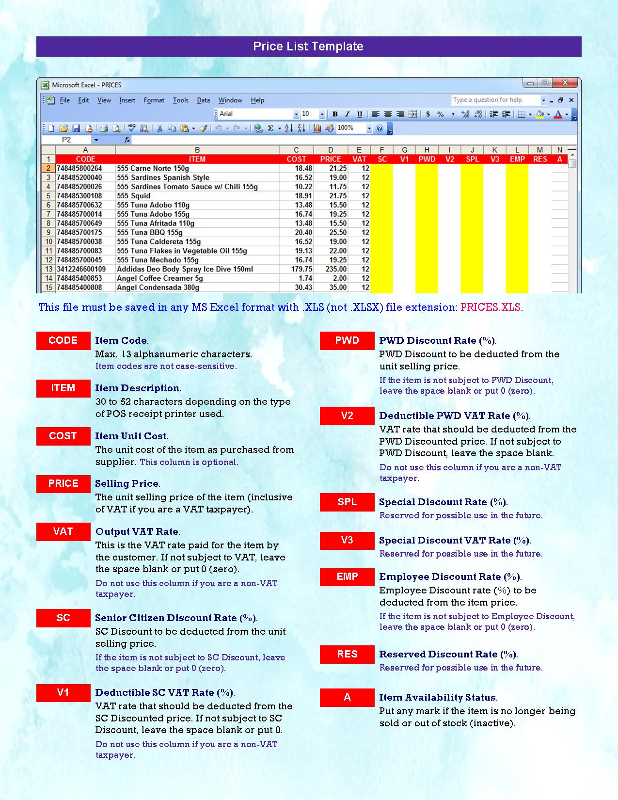 MS Excel Price List Template
