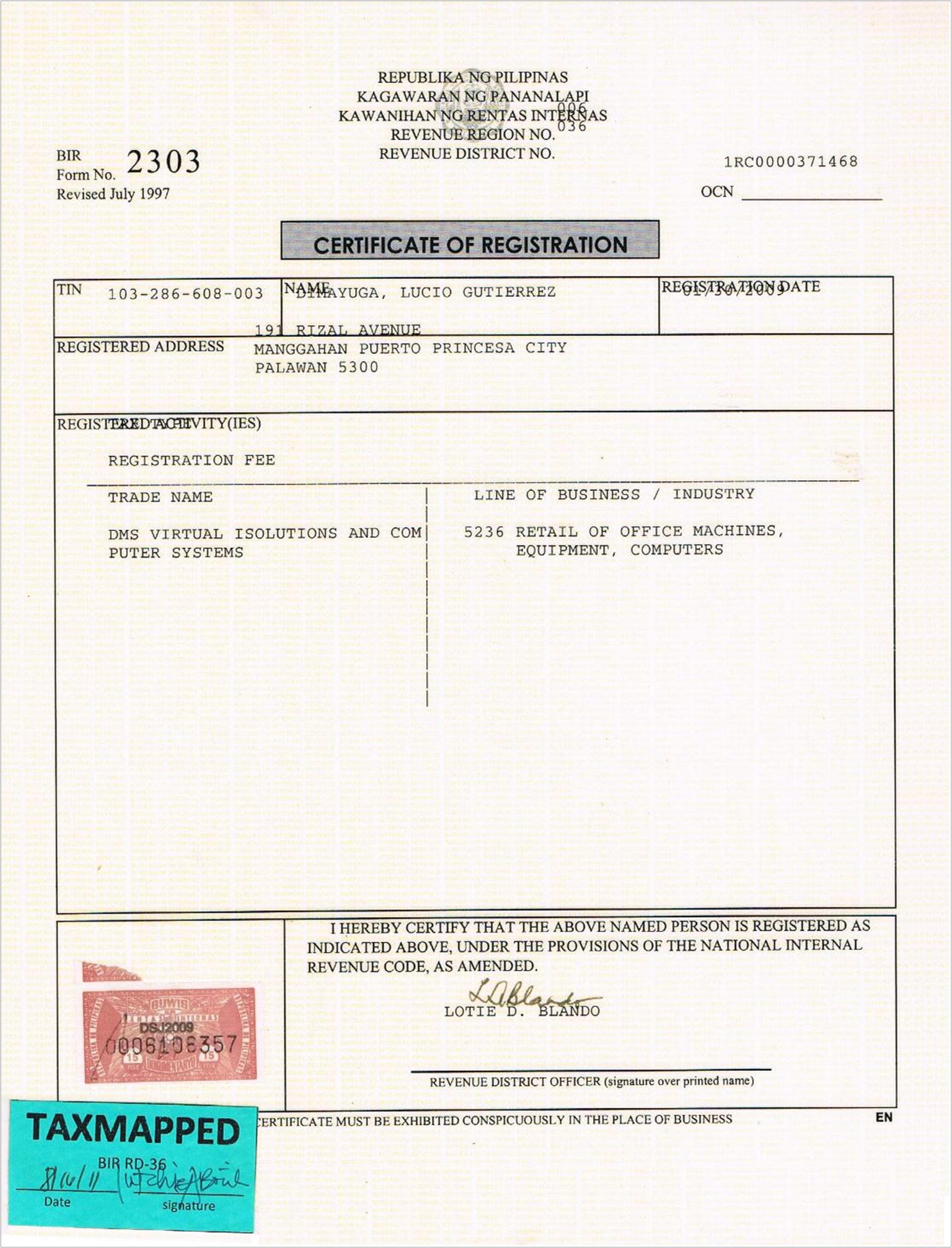 BIR Form 2303 Certificate of Registration