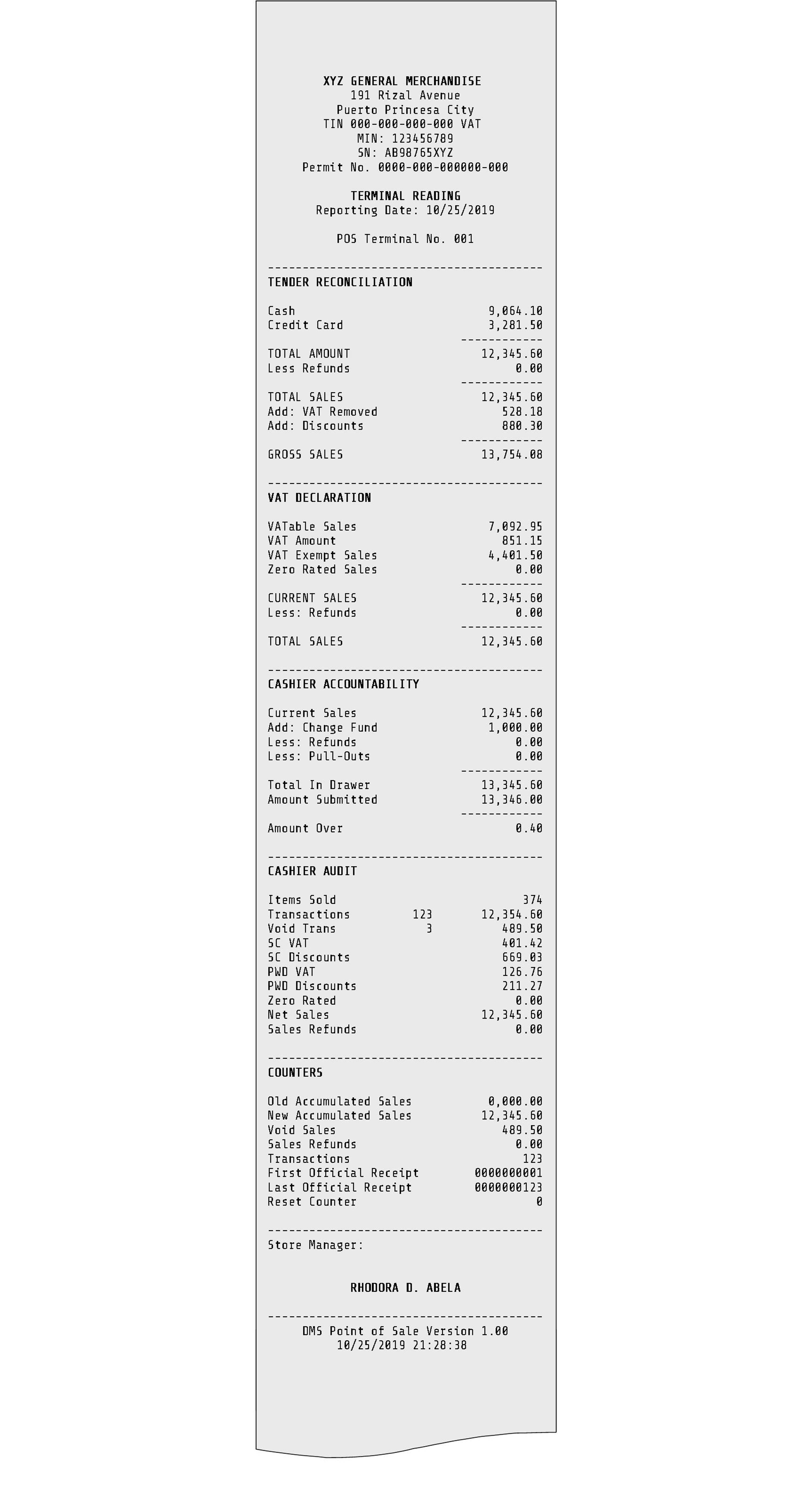 Daily Sales Report or Terminal/Z Reading